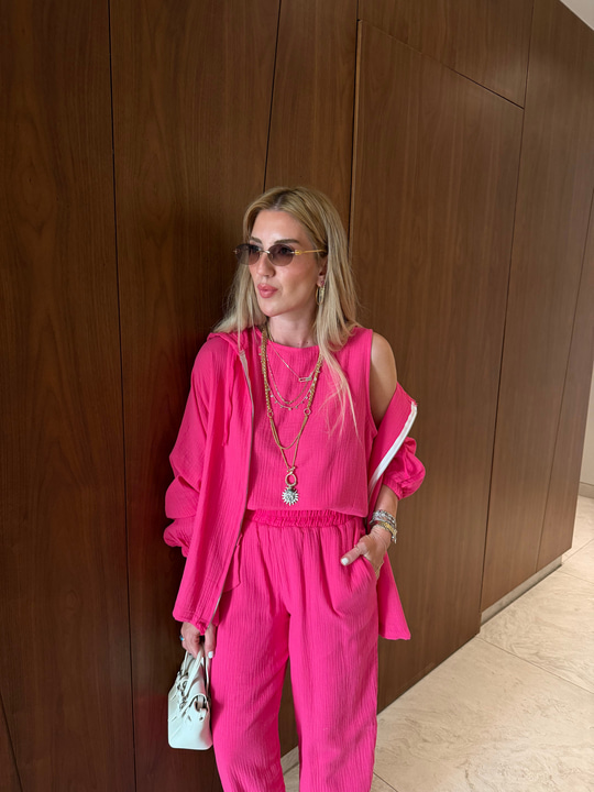 Pembe , Premium Üçlü Müslin Takım