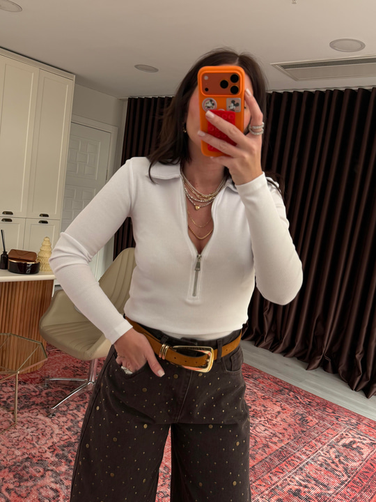Polo Yaka Fermuarlı , Beyaz Body