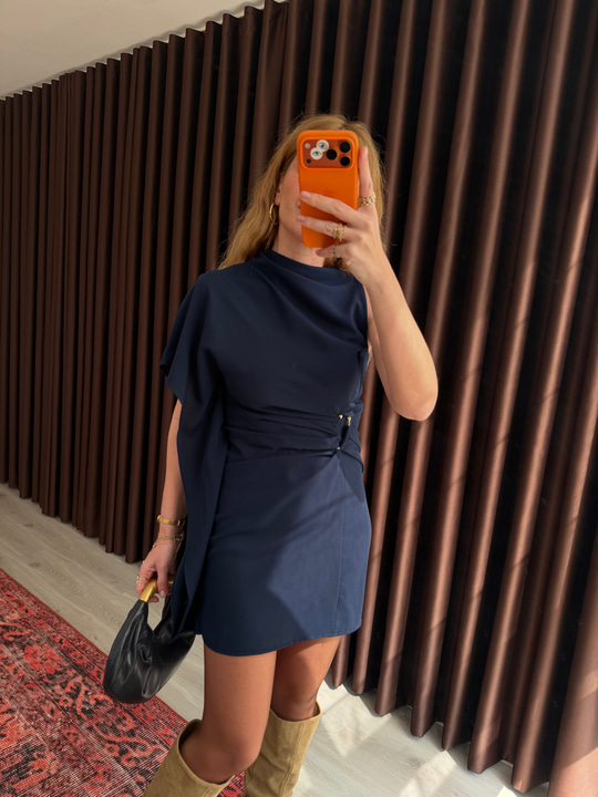 Orijinal Model , Asimetrik , Kısa Kollu , Lacivert Pelerin Elbise