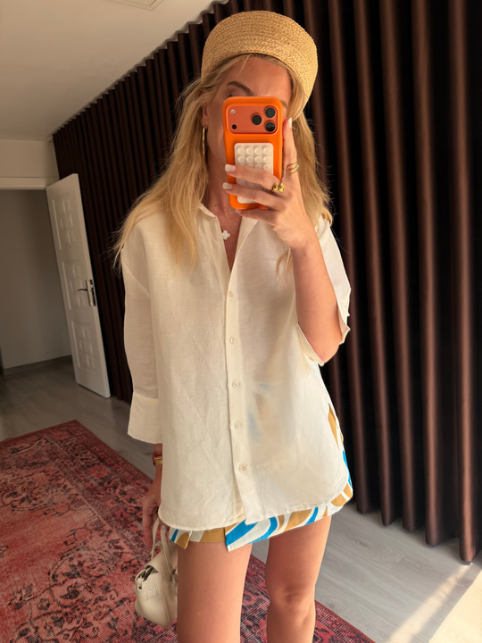%100 Cotton Beyaz Keten Gömlek