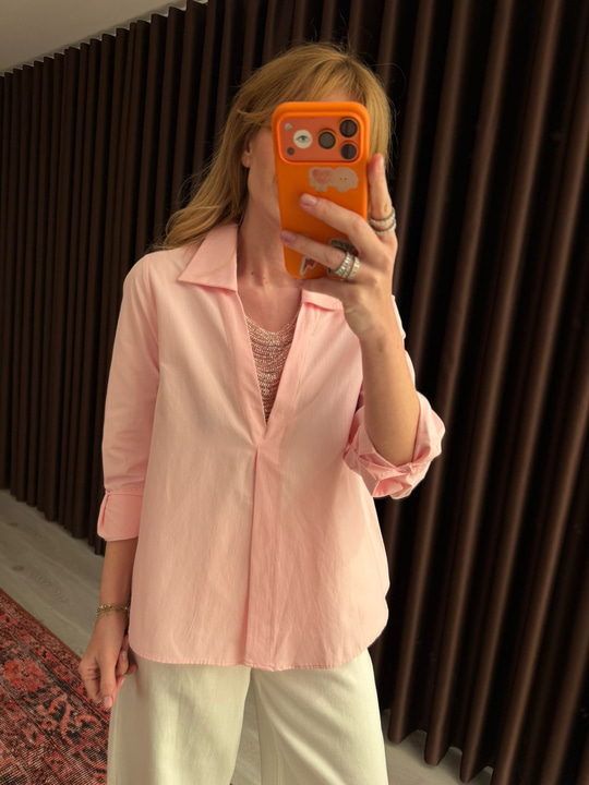 Tüle Taş İşlemeli , Pembe Poplin Gömlek