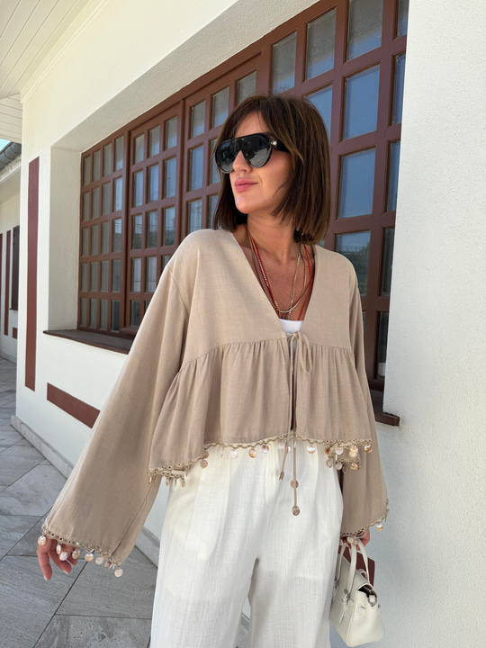 Sedef Pul İşlemeli , Tencel Keten Bluz