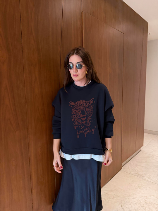 T-shirt Detaylı , Leopar Desenli , Lacivert Sweatshirt
