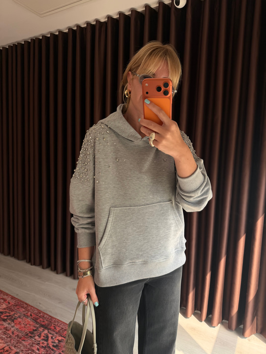 Taş İşlemeli Gri Sweatshirt