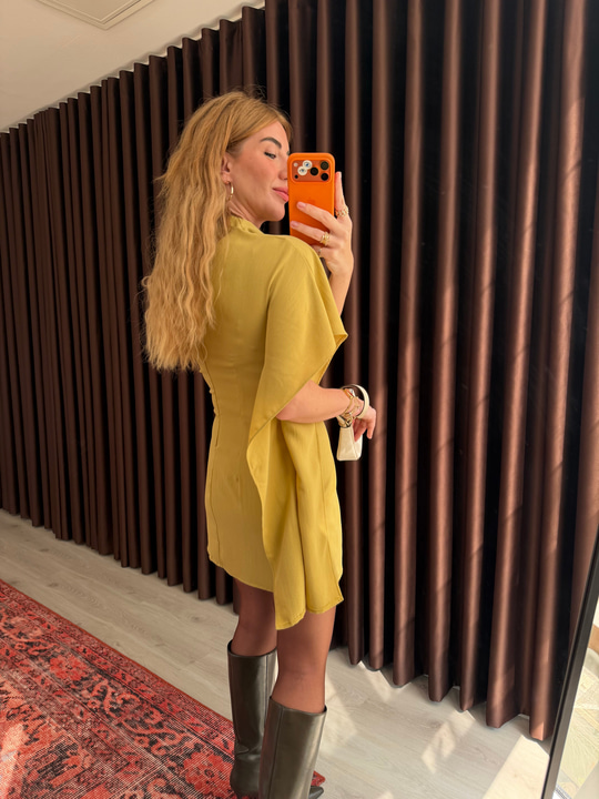 Orijinal Model , Asimetrik , Kısa Kollu , Yağ Yeşili Pelerin Elbise