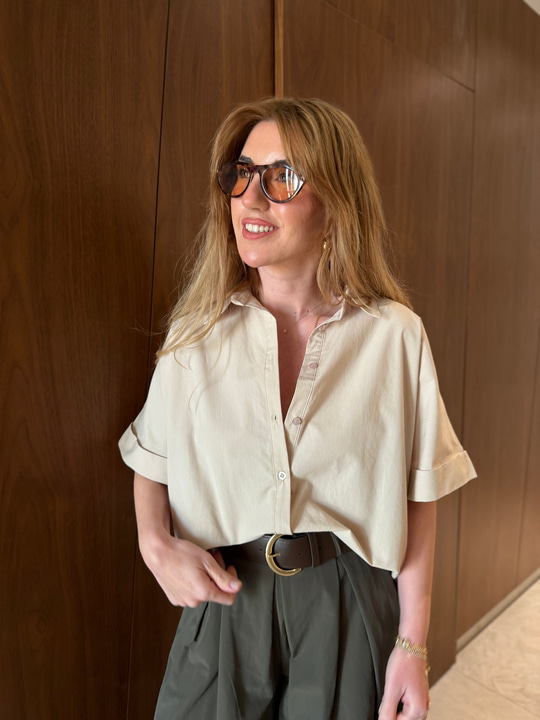 %100 Cotton , Kısa Kollu , Bej Poplin Gömlek