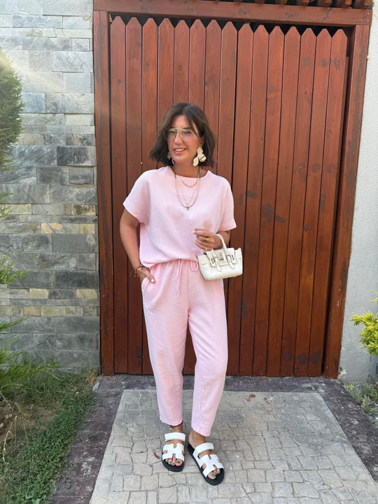 %100 Pamuk Özel Dokulu Toz Pembe Takım