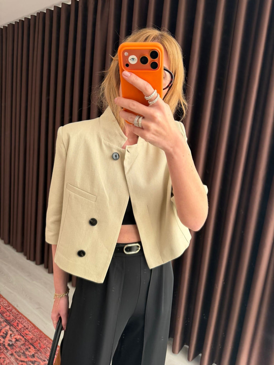 Bej , Keten Crop Ceket