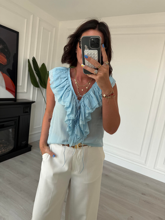 Fırfır Detaylı , Premium Seri , Bebe Mavisi , Kolsuz Bluz
