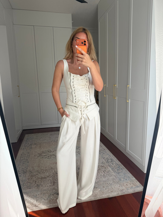 Kurdela Detaylı , Ekru , Pantolon & Korsajlı Bluz Takım