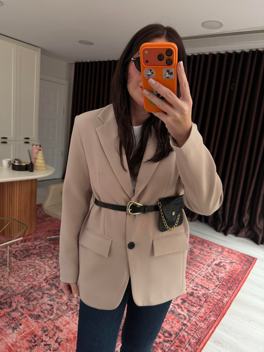 Cüzdan Kemerli , Bej , Blazer Ceket
