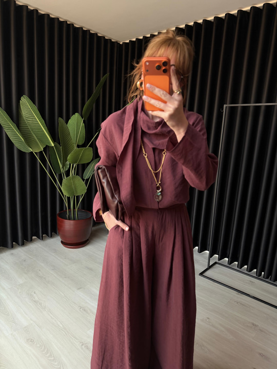 Mürdüm Orijinal Model Fular Yakalı Gömlek & Pantalon Premium Tencel Takım
