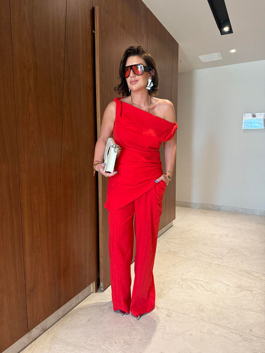 Kırmızı , Premium Keten , Çapraz Omuzlu , Pantolon & Bluz Takım