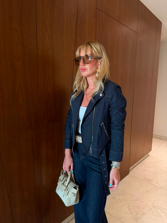 İçi Ekoseli , Premium Kalite , Lacivert , Biker Jean Ceket