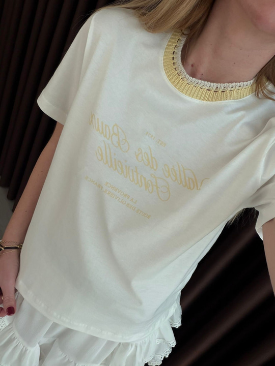 Sarı Merserize Yakalı , Ekru T-shirt