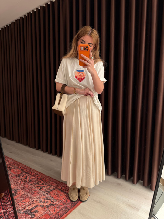 İçi Astarlı , Dikiş Detaylı , Premium Bej Etek