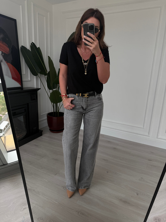 Önü Komple Taşlı Füme Jean Pantolon