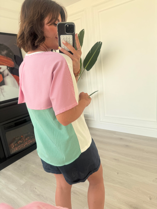 Arkası Kırmızı & Yeşil Poplin Detaylı Beyaz T-Shirt