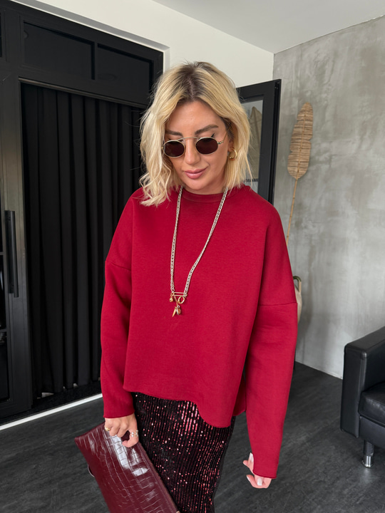 Yanı Yırtmaçlı , İçi Şardonlu , Bordo Sweatshirt
