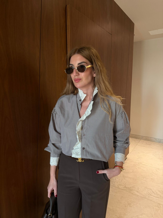 Fisto Detaylı , Acıkahve Çizgili Gömlek