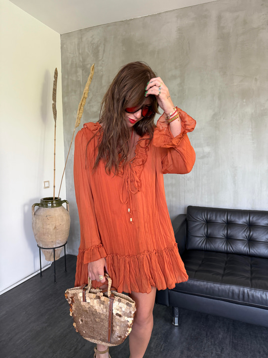 Fırfır Detaylı , Orange Elbise