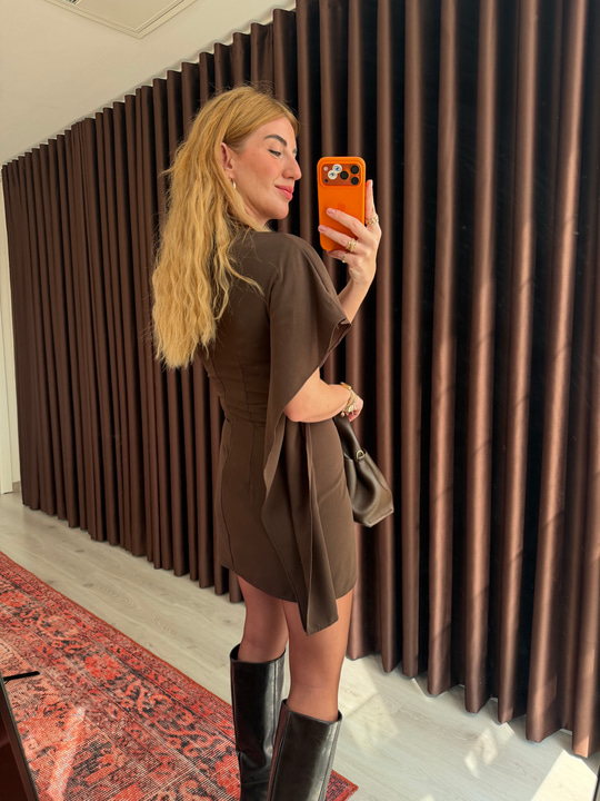 Orijinal Model , Asimetrik , Kısa Kollu , Acıkahve Pelerin Elbise