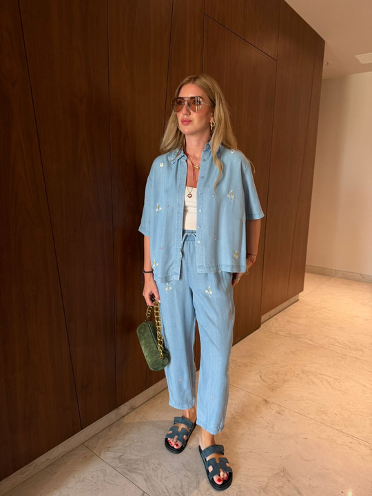 Çiçek Nakışlı , Beli Lastikli , Tencel Jean Takım