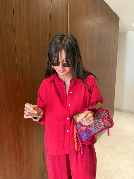 Tencel Modal , Nar Çiçeği , Gömlek Pantalon Takım