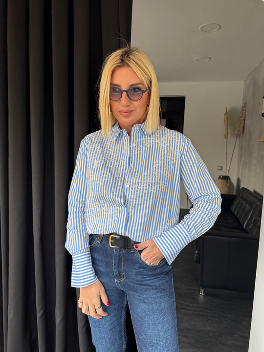 Premium Nakış İşlemeli , %100 Koton , Çizgili Poplin Gömlek