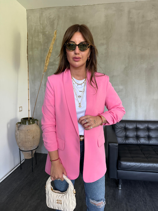Orijinal Model , Kolu Büzgülü , Likralı , Pembe Blazer Ceket