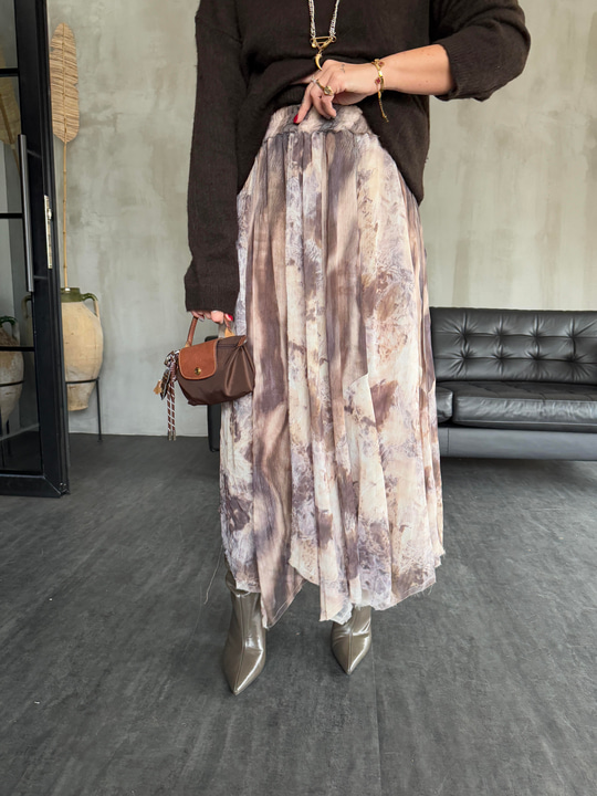 Beli Lastikli , Kahve & Bej , Batik Desenli , Astarlı Şifon Etek