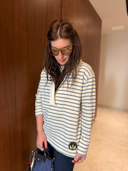 Yarım Fermuarlı , Lacivert Çizgili , Polo Yaka Sweatshirt