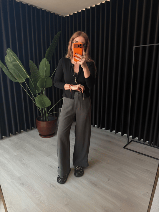 Antrasit Premium Tok Tencel Kumaş, Paçası Düğme Detaylı Pantalon 