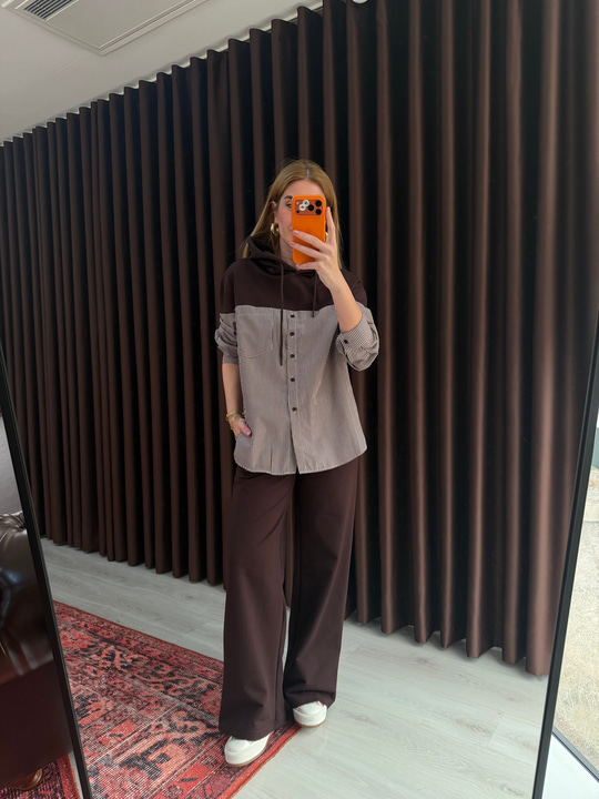 Çizgili Poplin Detaylı , Acıkahve Sweatshirt Takım