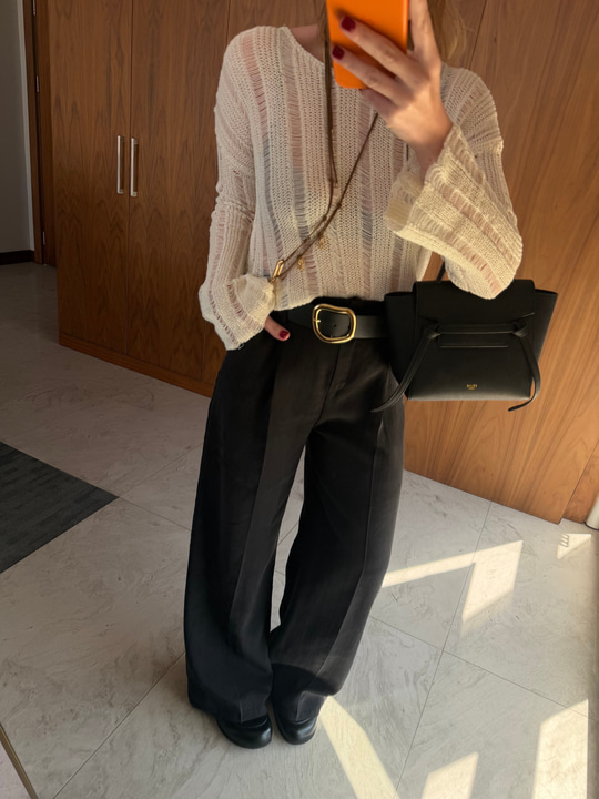 Deri Kemerli , Siyah , Tencel Palazzo