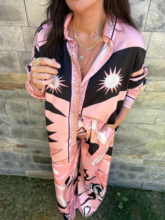 Orijinal Model , Beli Lastikli , Pantolon & Gömlek , Desenli , Pembe Saten Takım