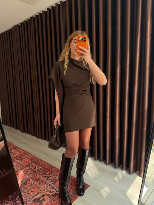 Orijinal Model , Asimetrik , Kısa Kollu , Acıkahve Pelerin Elbise