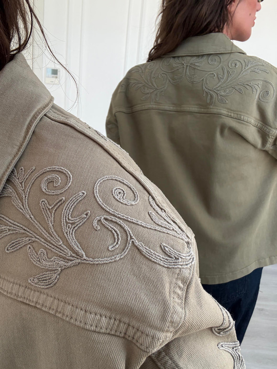 Nakışlı, Haki Likralı Jean Ceket