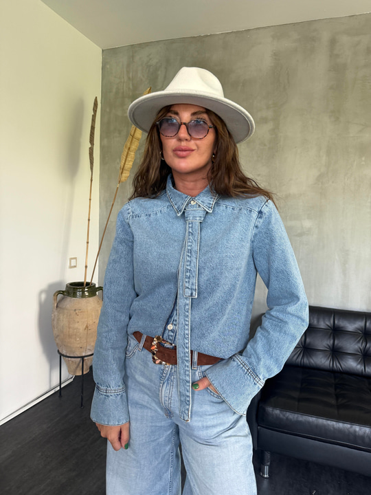 Özel Üretim Yakası Bağlamalı , Premium Jean Gömlek