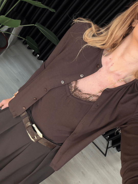 Dantelli Bluz Detaylı Acıkahve Likralı Bluz & Hırka Takım