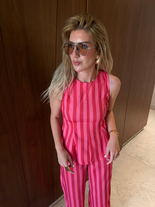 Kırmızı & Pembe Çizgili , Bluz & Pantolon Takım