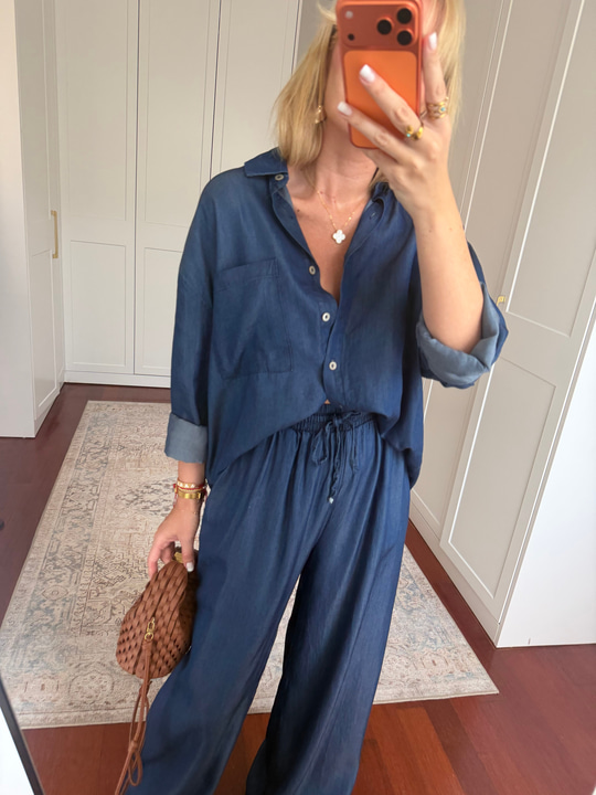 %100 Cotton , Tencel , Gömlek & Beli Lastikli Pantolon , Lacivert Premium Takım