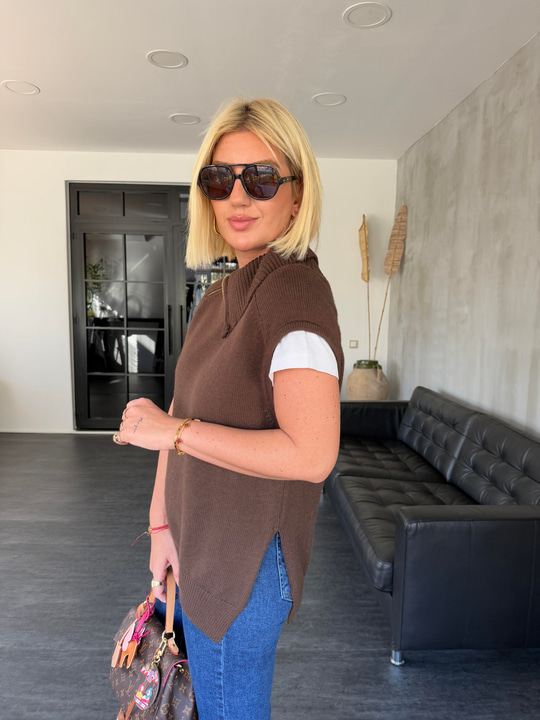 Yandan Fermuarlı , Acı Kahve Triko Süveter