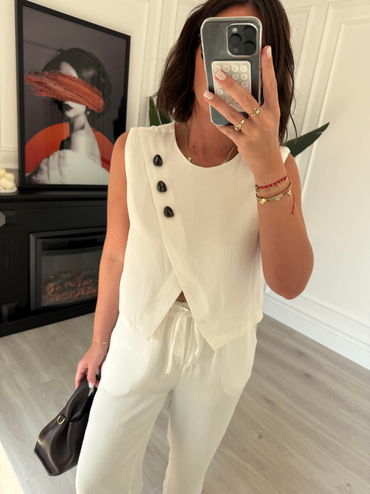 Orijinal Model , Premium Keten , Düğme Detaylı , Ekru Takım