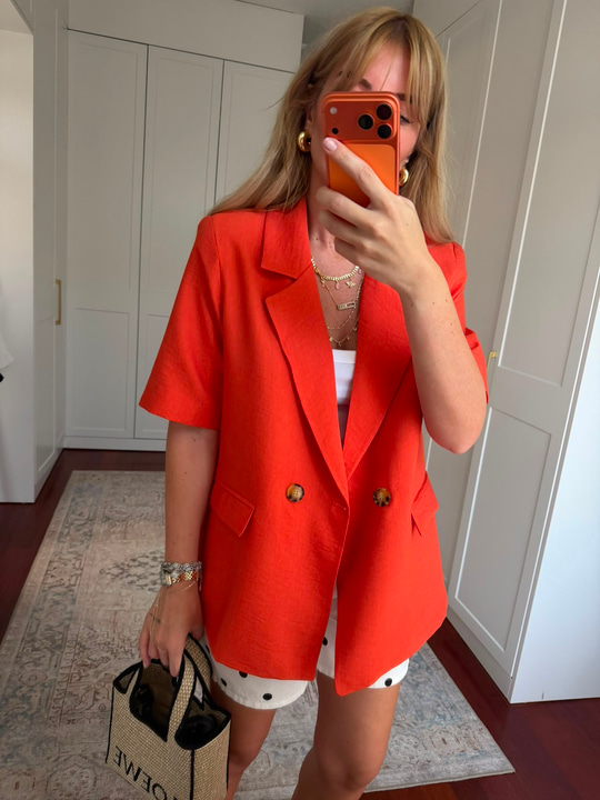 Tencel Dokuda , Kısa Kollu , Premium Turuncu Blazer Ceket