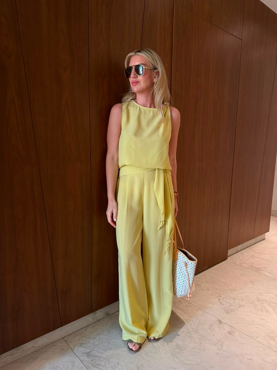 Orijinal Model , Omzu Boncuk Detaylı Bluz & Pantolon , Olive Tencel Takım