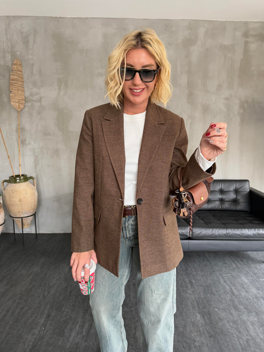 Premium Kalitede , Dokulu , Kahverengi Blazer Ceket