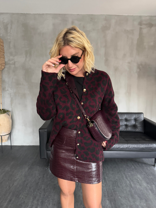 Bordo Leopar Desenli , Gold Düğmeli , Triko Ceket