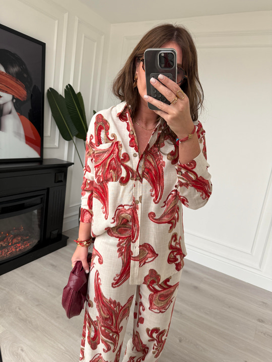 Bordo Desenli , Gömlek & Pantolon , Premium Tiril Takım
