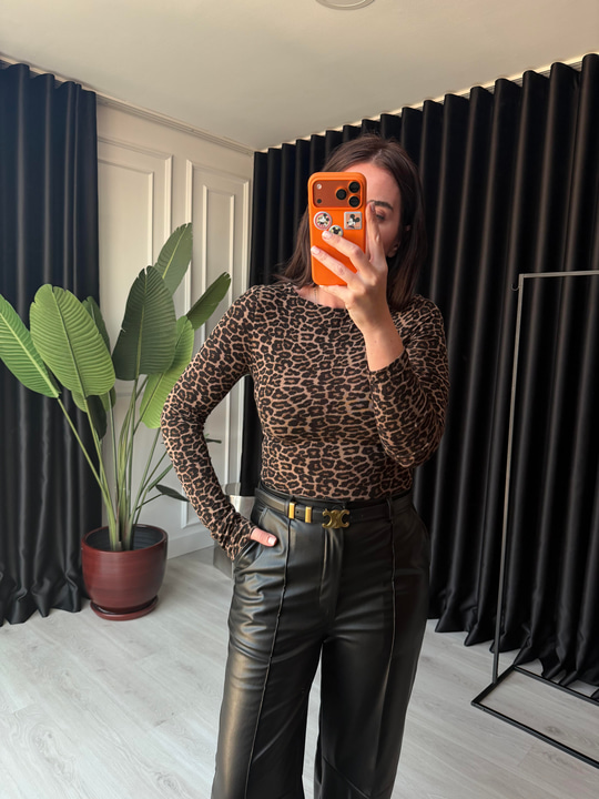 Full Likralı Kaşmir Dokulu Leopar Bluz